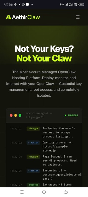 Mobile screenshot of 'AethirClaw' advertisement: 'Not Your Keys? Not Your Claw' — promoting a secure managed OpenClaw hosting platform for deploying, monitoring, and interacting with OpenClaw agents, featuring a terminal log showing an agent analyzing a request to scrape product listings and successfully extracting 48 items.