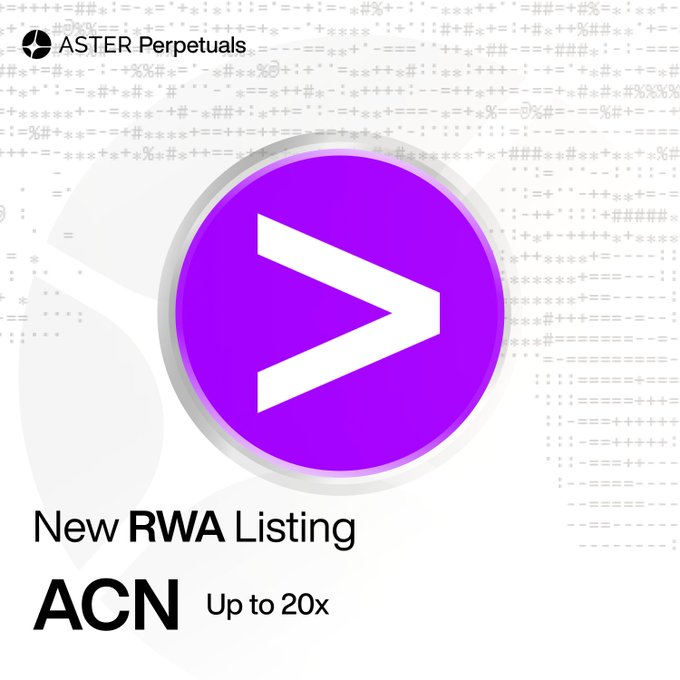 A promotional graphic from ASTER Perpetuals announcing a new Real World Asset (RWA) listing for $ACN (Accenture PLC) with up to 20x leverage, featuring the platform's purple and white logo against an ASCII-style background.