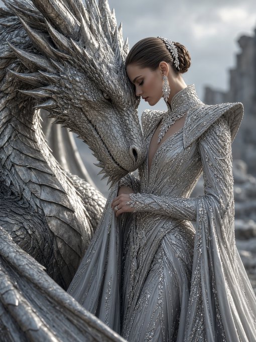 A digital illustration depicts a woman in an ornate silver gown with a crystal headpiece embracing a large silver dragon in a rocky, fantasy landscape.