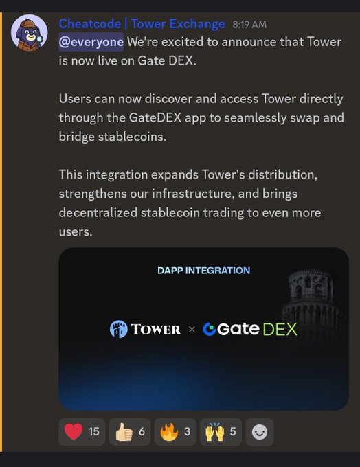 A Discord announcement from Cheatcode | Tower Exchange stating that Tower is now live on Gate DEX for swapping and bridging stablecoins, featuring a 'TOWER x GateDEX' integration graphic.