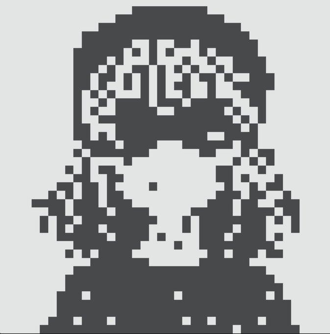 A pixelated, monochromatic portrait of a figure with braided hair and a smiling expression, rendered in dark gray blocks against a white background.