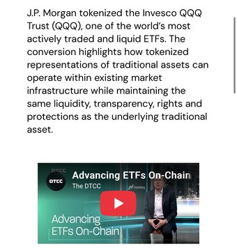 An article snippet discussing J.P. Morgan tokenizing the Invesco QQQ Trust (QQQ), with a YouTube thumbnail titled 'Advancing ETFs On-Chain' from The DTCC.