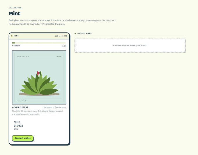 A digital interface displays a 'Mint' NFT collection featuring a Venus Flytrap, with text explaining 'Each plant starts as a sprout...' and a 'Connect wallet' button on the left panel.