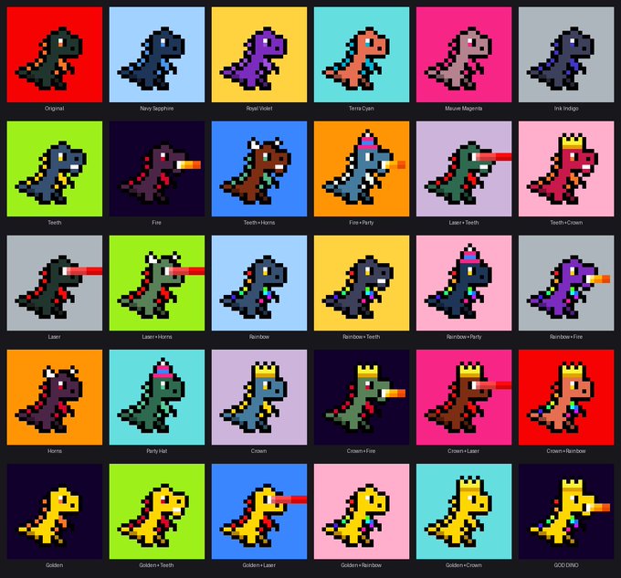 A grid of 30 pixel art dinosaur variations showing different colors and accessories (horns, teeth, rainbows, lasers) labeled with names like 'Original,' 'Navy Sapphire,' 'Rainbow,' 'Golden,' and 'GOD DINO.'