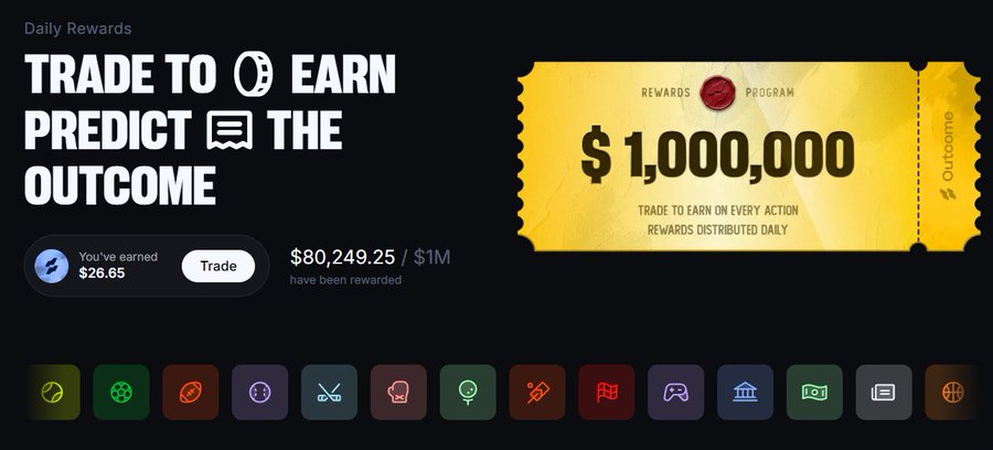 Promotional screen showing 'Daily Rewards' and 'Trade to Earn, Predict the Outcome' with a $1,000,000 rewards program ticket and a progress bar showing $80,249.25 rewarded.