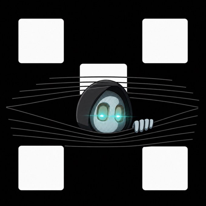 A hooded digital avatar with glowing cyan eyes peeks out from behind a striped QR code pattern on a black background, symbolizing anonymity and security in cryptocurrency trading. The image complements the post's promotion of OKX exchange by visually reinforcing themes of secure, private crypto transactions.