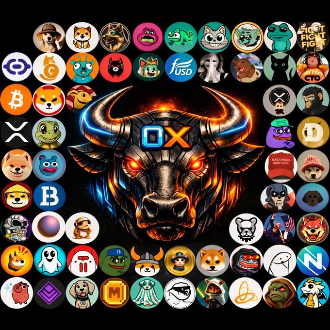 A menacing metallic bull with glowing red eyes and horns dominates the center, displaying "OX" on its forehead, surrounded by a circular arrangement of various cryptocurrency and memecoin logos including Bitcoin, Dogecoin, Shiba Inu, and others. The image ties directly to the post's promotion of the #0x memecoin community, visually positioning the token alongside established crypto projects to attract investors seeking the next breakout memecoin.