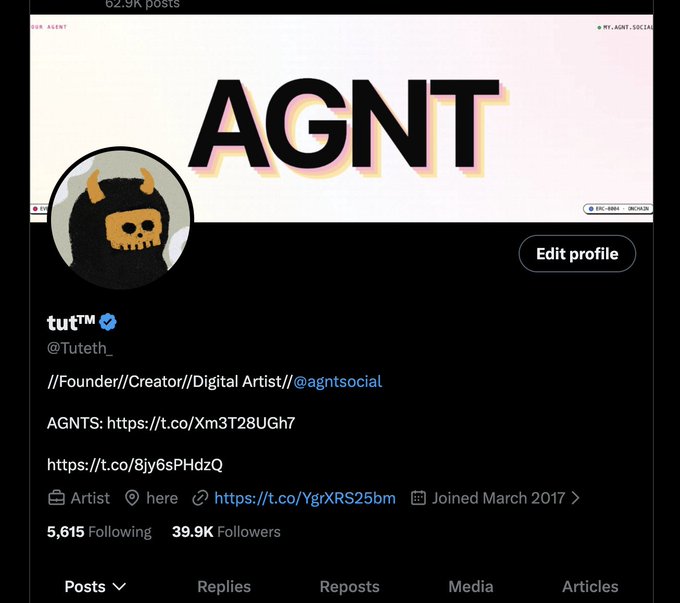 A Twitter profile for 'tut™ @Tuteth_', displaying an AGNT banner, a skull avatar, a bio including 'Founder//Creator//Digital Artist//@agntsocial', and stats of 39.9K followers and 5,615 following.
