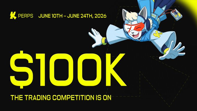The image displays a poster for a virtual contest called "Three-Month Live!". The poster features a cartoon cat dressed in blue clothing, with a sword, indicating that the competition is focused on trading in the stock market or related financial activities. The text on the poster clearly states that the competition is open to everyone and offers up to $100K as an exciting prize for those who participate. The poster also announces the start of the three-month period from June 10th to June 24th, suggesting that the contest will take place during these months. Additionally, the post links to Katana Perps' website or social media where participants can learn more about the competition and engage with other traders.