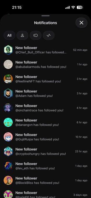 A smartphone screenshot of a dark-mode notifications panel showing multiple new follower alerts from accounts including @Chief_Bull_Officer, @abubakarmodu, @feelineNFT, @onchaintrace, and @crypto_hungry.