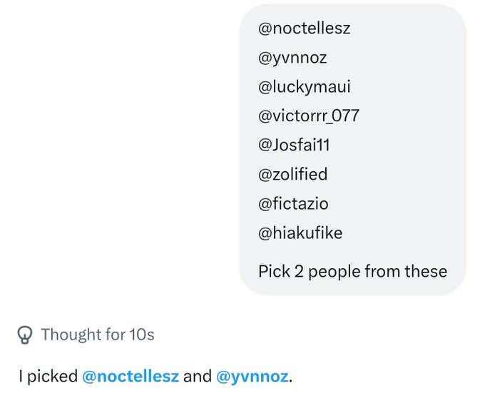 A message bubble lists eight usernames (@noctellesz, @yvnnoz, @luckymaui, @victorr_077, @Josfai11, @zolified, @fictazio, @hiakufike) and asks to "Pick 2 people from these," with the reply "I picked @noctellesz and @yvnnoz," congratulating the two winners in the post for receiving 0.025 SOL each.