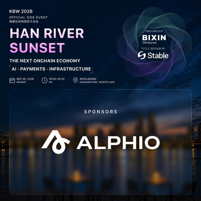 An event poster for 'HAN RIVER SUNSET' KBW 2026 official side event organized by Bixin Ventures with Stable as title sponsor and Alphio as sponsor, scheduled for Sep 29, 2026.