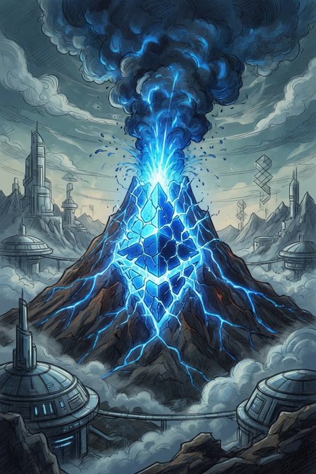 A fantasy illustration of a glowing blue volcano with electric energy crackling across its surface, surrounded by futuristic sci-fi structures and spires in a cloudy landscape.