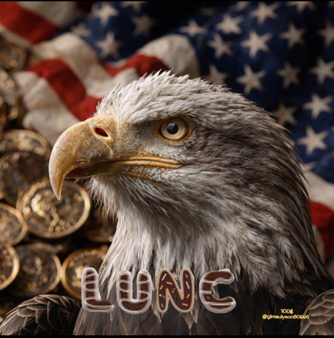 A close-up of a bald eagle with a patriotic American flag background and piles of gold coins, with the text 'LUNC' displayed in stylized bubble letters.