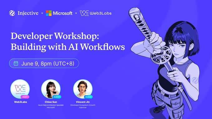 The image shows a poster for an Injective workshop titled "Developer Workshop: Building with AI Workflows" scheduled for Tuesday at 9:00 PM. The poster also mentions that this workshop will be held by Microsoft, highlighting their involvement in the event. The focus of the session is on how AI can accelerate development workflows and improve productivity within the tech industry.