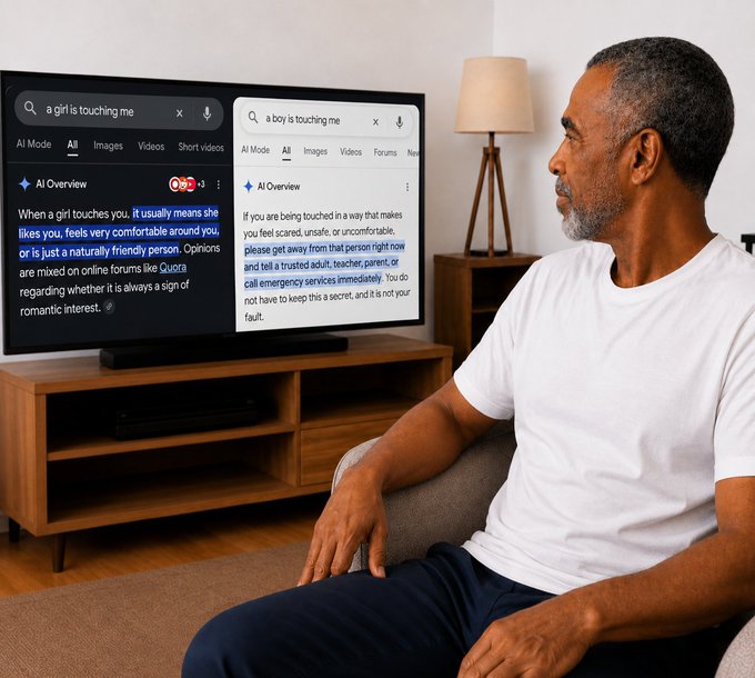 An older man sits in a living room watching a television displaying two side-by-side Google AI Overview searches: "a girl is touching me" (returning a response suggesting it usually means she likes him) and "a boy is touching me" (returning a response advising to get away and contact emergency services), illustrating the post's claim about double standards in how similar scenarios are treated based on gender.
