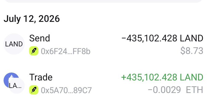 A cryptocurrency transaction record dated July 12, 2026, showing a Send of -435,102.428 LAND ($8.73) and a Trade receipt of +435,102.428 LAND (-0.0029 ETH).