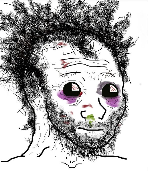 A crude digital drawing of a distressed-looking face with messy black scribbled hair, dark circles under wide eyes, a green nose, and a frown.