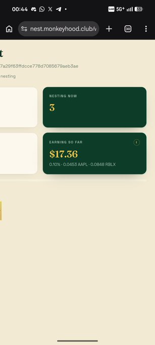 A mobile browser screenshot showing the site 'nest.monkeyhood.club' with a 'NESTING ROW' of '3' and 'EARNING SO FAR' of '$17.36' in cryptocurrency.