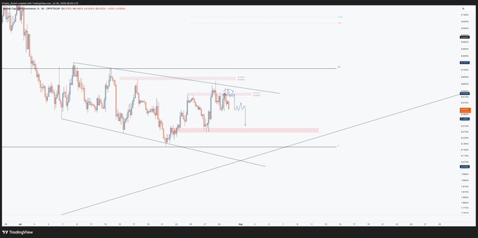 A TradingView USDT.D (Binance) chart on a 4-hour timeframe shows the cryptocurrency dominance indicator forming a descending channel pattern with red-shaded resistance zones, consistent with the post's commentary about "following the squiggle" and projecting a potential retest of the 8.3% lows if the downtrend within the channel continues.