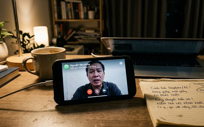 A smartphone on a wooden desk displays a DeepFace/AI scam call featuring a caller labeled "Nguyễn Văn Hùng," alongside a handwritten note warning about deepfake identity theft ("Cảnh báo Deepfake/AI") and urging not to trust familiar faces. The scene illustrates the post's warning that scammers have upgraded from typo-ridden messages to sophisticated AI-powered video impersonation, echoing CISO Michael Coates' concerns about the next wave of AI-driven social engineering fraud.