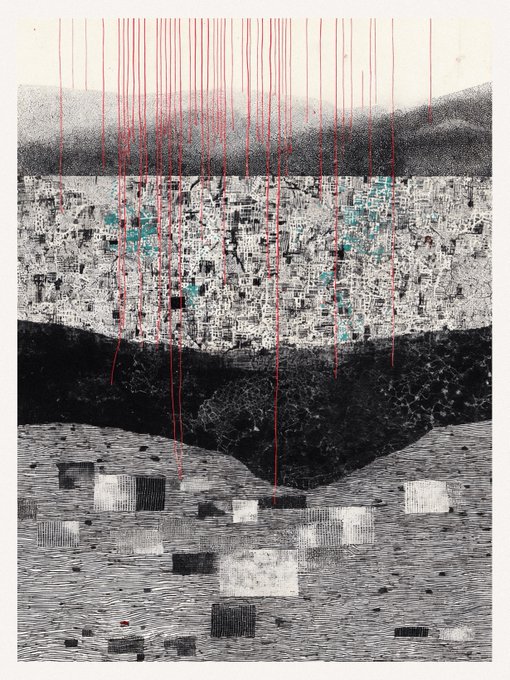 The image features a black and white drawing of a mountain landscape with red lines running through it. The drawing includes various elements such as buildings, trees, and mountains, creating an artistic representation of a mountainous region. The post reads "Every Name, This Land Editions 13 tez", which suggests that the artist's name is associated with this particular artwork or series.