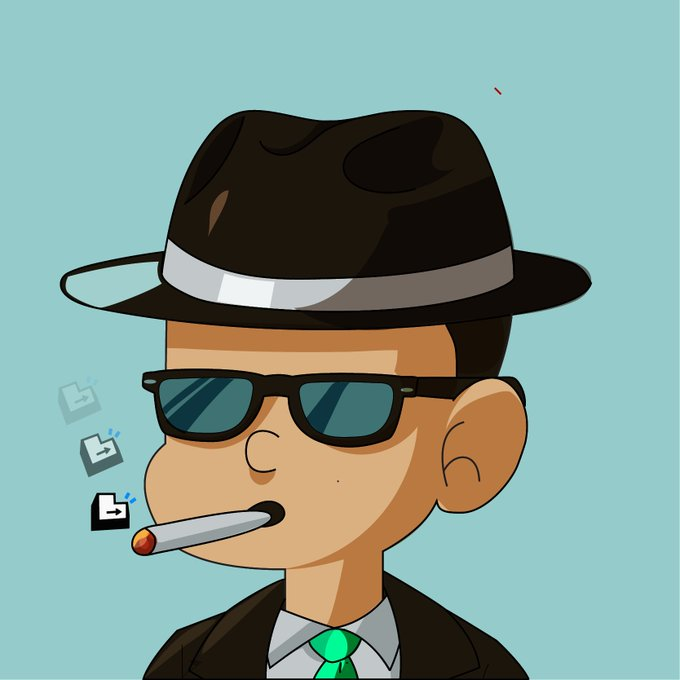 A cartoon character with a large head, brown skin, and chubby cheeks wears a black fedora, black sunglasses, and a black suit with a green tie while smoking a cigarette.