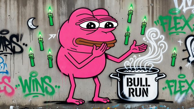 A street art mural depicting a pink frog-like character standing next to a pot labeled 'BULL RUN', surrounded by green candles and graffiti including the words 'WINS' and 'FLEX'.