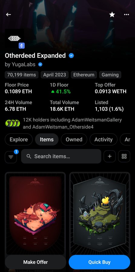 A screenshot of the Otherdeed Expanded NFT collection page by YugaLabs, showing a floor price of 0.1089 ETH and a 1D floor increase of 41.5% alongside 18.6K ETH total volume. The image illustrates the post's point about a single buyer's sudden impact on the floor price, as the listing shows notable metrics like 12K holders and 1,103 listed items.