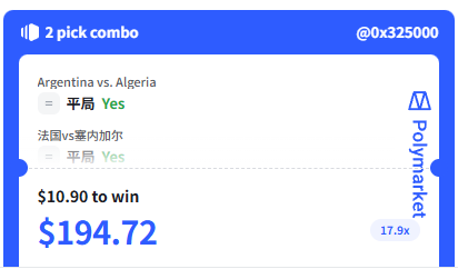 The image features a post from Polymarkets that has been edited with Chinese characters replaced by English words, providing information about two pick combinations for different languages. The text reads, "2 Pick Combo Argentina vs Algeria Yes", which translates to "Two Pick Combos". Below this, there is a description of a card game called Polymarkets, stating it costs $10.90 to play and that the player needs to win at least $17.82 to be able to play again.