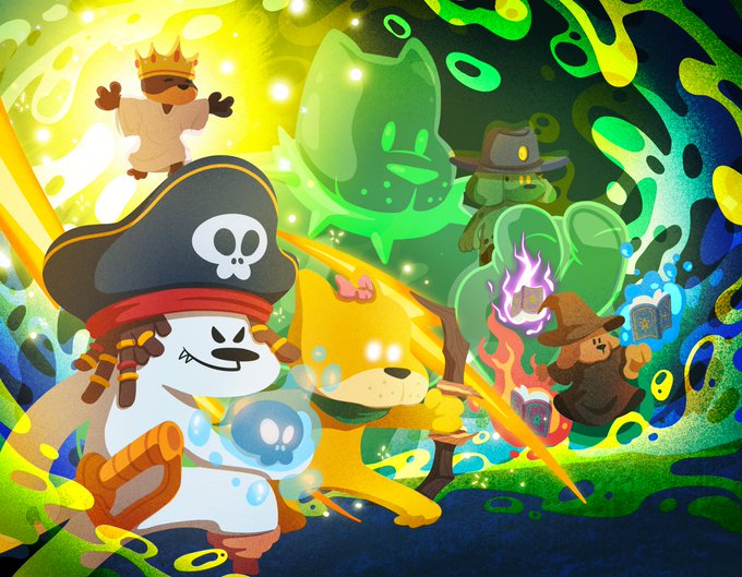 The same colorful illustration of cartoon characters including a pirate duck, a yellow duck, a green ghost, a wizard duck, and a king duck in a magical green setting.
