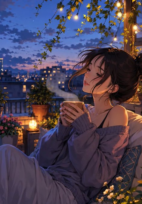 An anime-style illustration shows a young woman with dark hair wearing an oversized lavender sweater, holding a steaming mug on a balcony decorated with string lights and potted flowers at dusk, with a city skyline in the background.