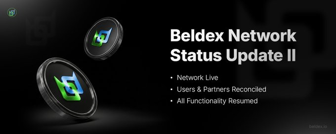 A dark promotional graphic for 'Beldex Network Status Update II' featuring two coin-style logos and bullet points reading 'Network Live', 'Users & Partners Reconciled', and 'All Functionality Resumed', with 'beldex.io' in the corner.