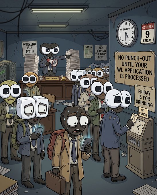 A cartoon illustration of a bleak, dystopian government office where employees with large heads wait in line, with signs reading "WEEKEND IS A MYTH," "NO LEAVING THE FOMO DEPT," and "NO PUNCH-OUT UNTIL YOUR WL APPLICATION IS PROCESSED."