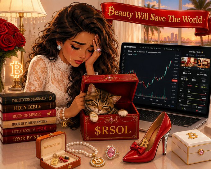 A crying woman in a white lace dress rests her head beside a red ornate jewelry box labeled "$RSOL" containing a tabby cat, with surrounding elements including a Bitcoin logo lamp, books titled "The Bitcoin Standard," "Holy Bible," and "Book of Memes," a laptop displaying a "$RSOL/SOL" trading chart on decentralized exchanges (Bithump and Raydium), red stilettos, and a banner reading "Beauty Will Save The World." The post's Solana address ties into the $RSOL memecoin theme, echoing the "Beauty Will Save The World" message as a satirical or romantic appeal tied to the token.