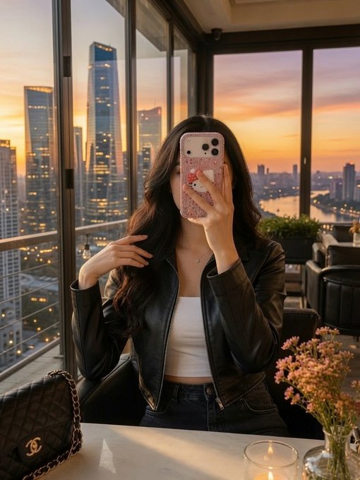 A young woman with long dark hair, wearing a black leather jacket and white top, takes a mirror selfie with a pink floral phone case while seated at a table with a Chanel quilted bag, set against a stunning cityscape at golden hour. The elevated urban view and luxurious details perfectly complement a cheerful "Good morning!" greeting, evoking a sophisticated start to the day.