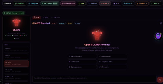 A screenshot of the CLAWD Terminal interface showing options like 'Trending tokens', 'Market movers', 'Latest news', 'Analyze CLAWD', 'Generate meme', and 'Mint agent'.