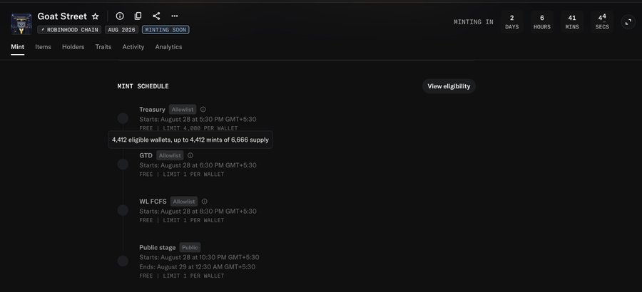 A screenshot of a cryptocurrency mint schedule website for an item called 'Goat Street' on the 'ROBINHOOD CHAIN', showing a countdown of 2 days, 6 hours, and minting stages like 'Treasury' and 'GTD'.