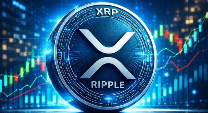 A stylized silver coin prominently displays the XRP logo with "XRP" and "RIPPLE" text, set against a backdrop of blue trading charts and candlestick patterns. The image visually reinforces the post's theme of XRP's market momentum and institutional resurgence.