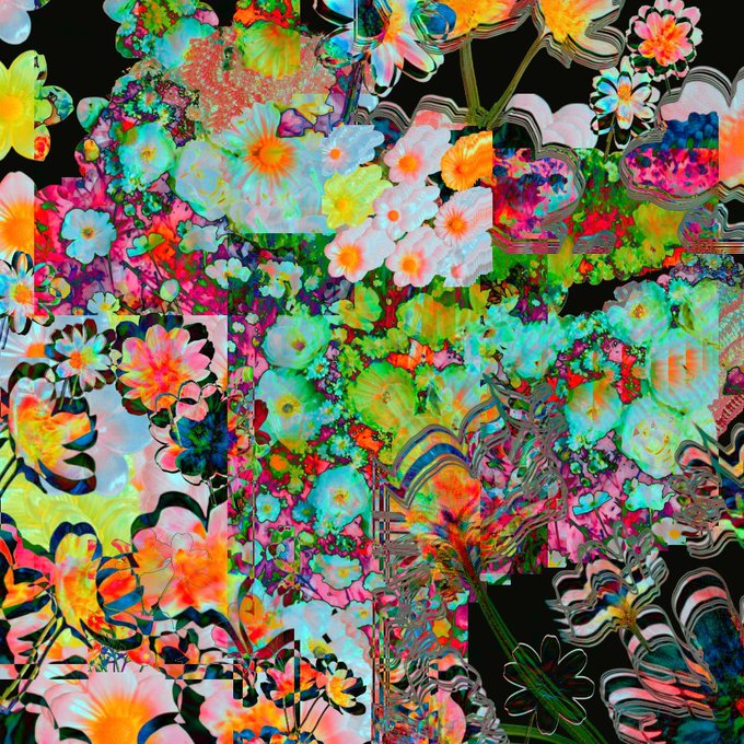 An abstract digital artwork composed of a chaotic mix of colorful flowers with distorted, glitch-like visuals in vibrant hues.