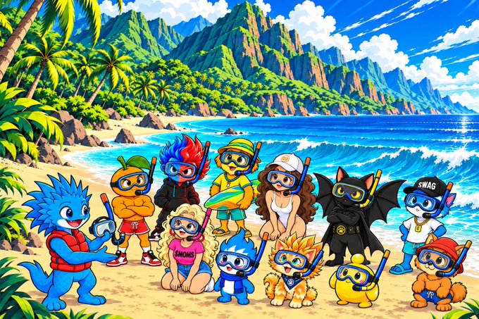 A vibrant cartoon beach scene featuring various characters including Pokémon like Pikachu and Snorlax, alongside humanoid figures in swimwear and snorkeling gear on a tropical shore with mountains in the background.