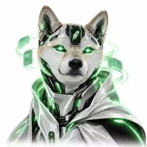 A futuristic illustration of a Shiba Inu dog wearing white and green cybernetic armor with glowing green eyes.
