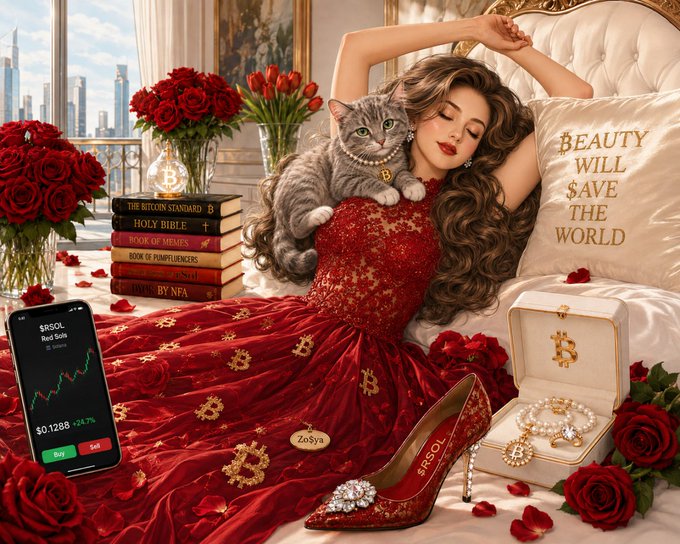 An elaborate, digitally-created scene of a woman in a red dress reclining with a cat, surrounded by roses, books including 'THE BITCOIN STANDARD' and 'HOLY BIBLE', jewelry, a shoe, and a phone displaying the SRSOL token price chart at $0.1288 (+28.7%), with text 'BEAUTY WILL $AVE THE WORLD'.