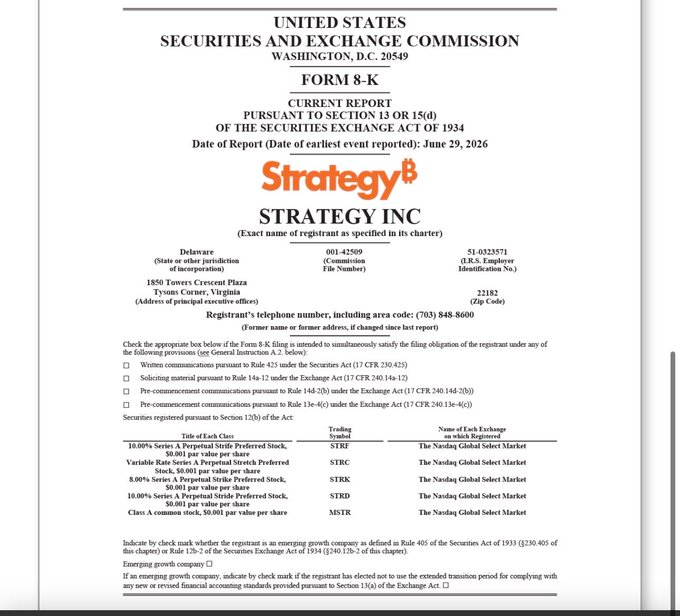 A U.S. Securities and Exchange Commission Form 8-K filing for Strategy Inc (ticker MSTR), dated June 29, 2026, listing multiple share classes on The Nasdaq Global Select Market.