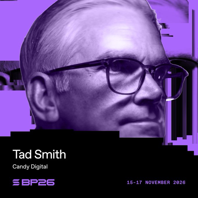 A purple-toned promotional graphic features a profile image of a man wearing glasses, with text identifying him as 'Tad Smith' from 'Candy Digital,' and details 'SBP26 15-17 NOVEMBER 2026'.