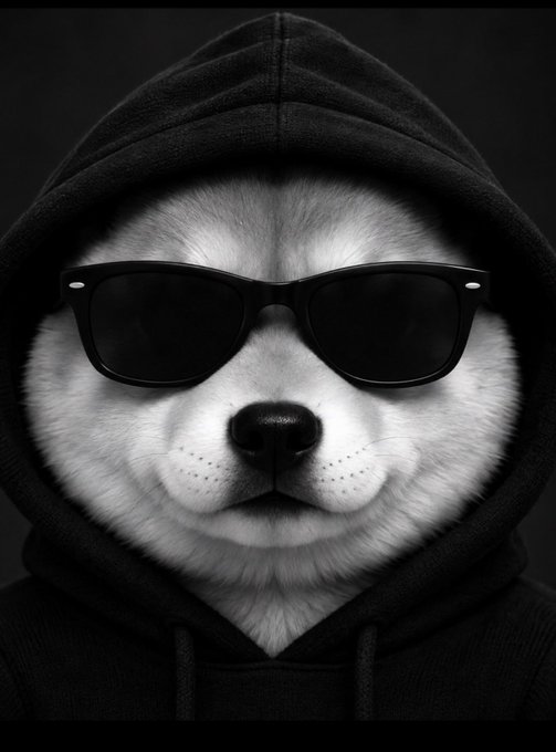 A black-and-white portrait of a small white dog wearing dark sunglasses and a black hoodie.