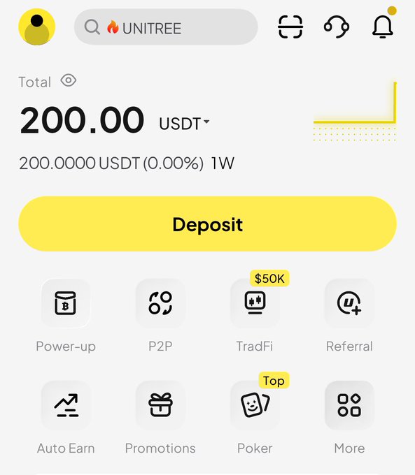 A mobile app interface for UNITREE showing a balance of 200.00 USDT with options for Deposit, Power-up, P2P, TradFi, Referral, Auto Earn, Promotions, Poker, and More.