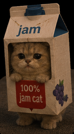 A ginger kitten sits inside a juice carton labeled "jam" with "100% jam cat" on the front, directly illustrating the $JAMCAT memecoin concept by literally transforming the cat into jam.