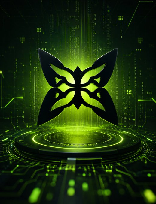 A glowing green butterfly-shaped logo with circuitry patterns against a dark background featuring digital data streams.
