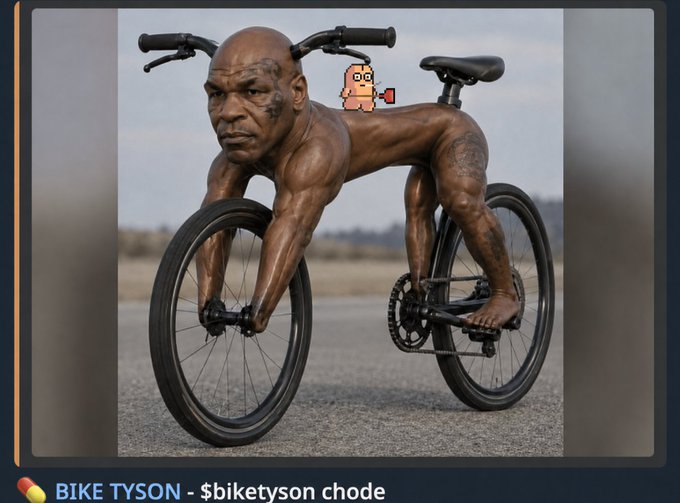 A viral meme image shows Mike Tyson's head and muscular torso photoshopped onto a bicycle frame, captioned 'BIKE TYSON - $biketyson chode' with a small cartoon character on the seat.